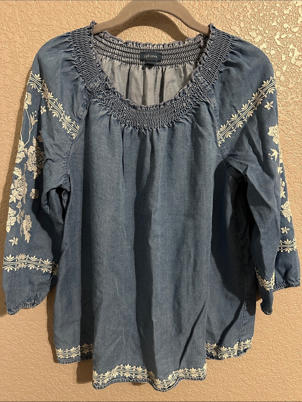 J. Jill Chambray Blue Embroidered Peasant Blouse